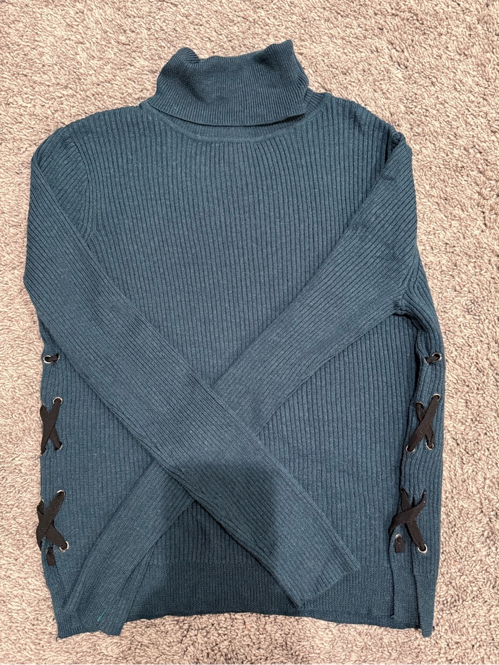 John + Jenn Teal Ribbed Turtleneck Sweater with Black Side Lace-Up
